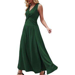 Women Dark GreenSleeveless V Neck Formal A-line Midi Cocktail Dress With Flutter